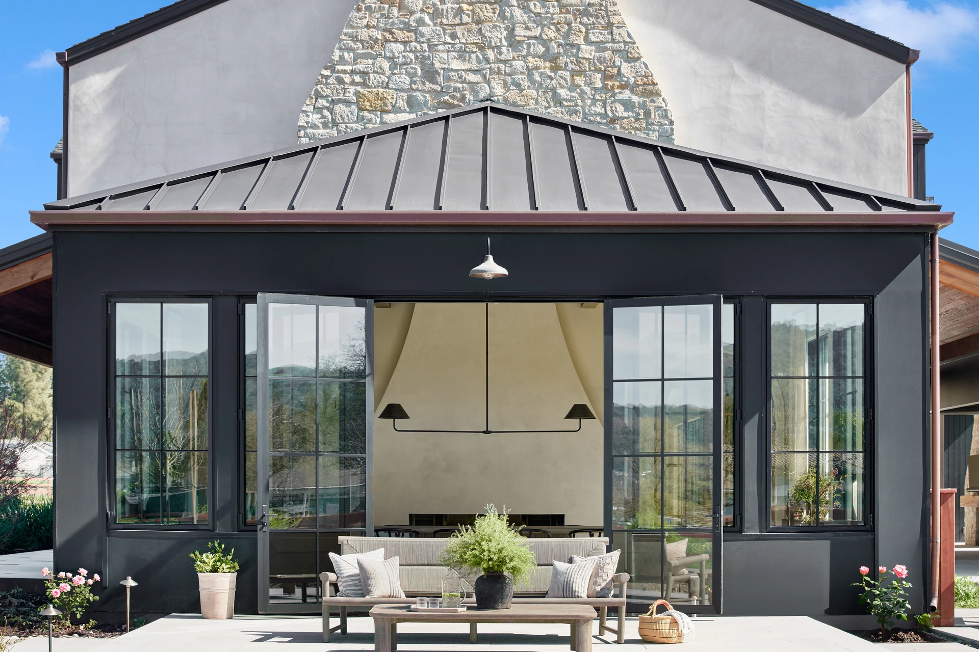 Exterior of a modern wine-country farmhouse custom home in Pleasanton designed and built by Ridgecrest Designs