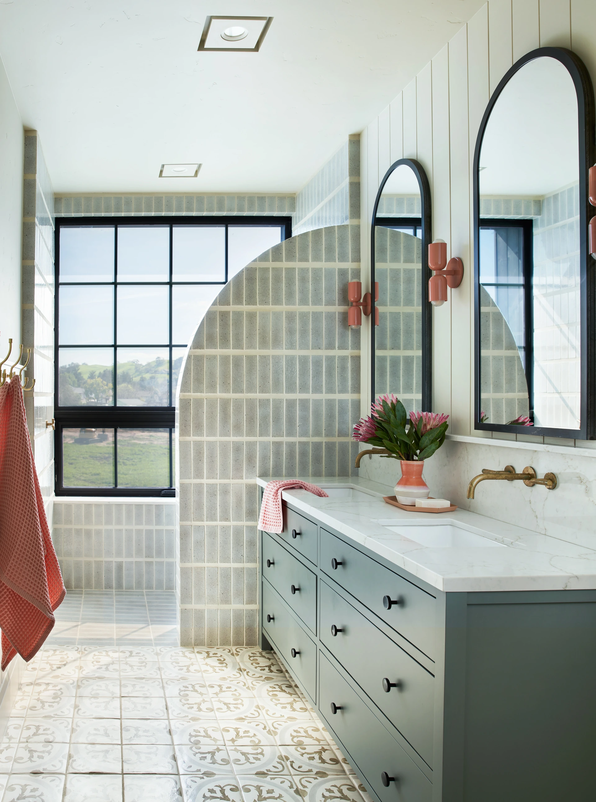 Guest bathroom with Fireclay Tile walls and floor in a Pleasanton custom home