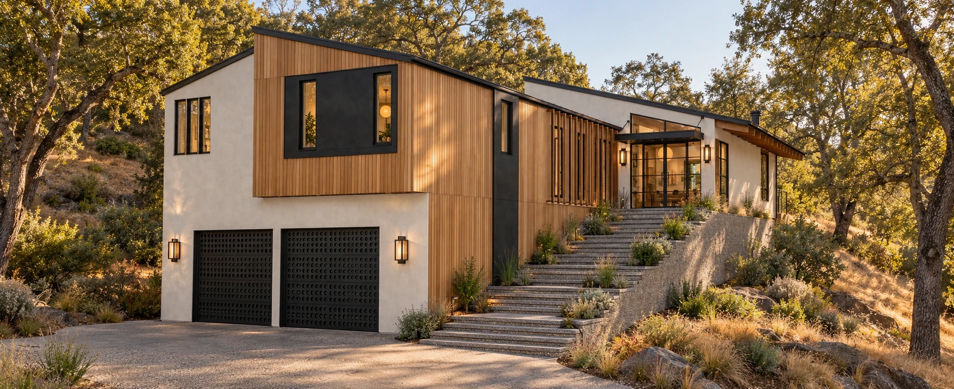 Entry stairs climbing the hillside beside the garage, with timber siding and light stucco