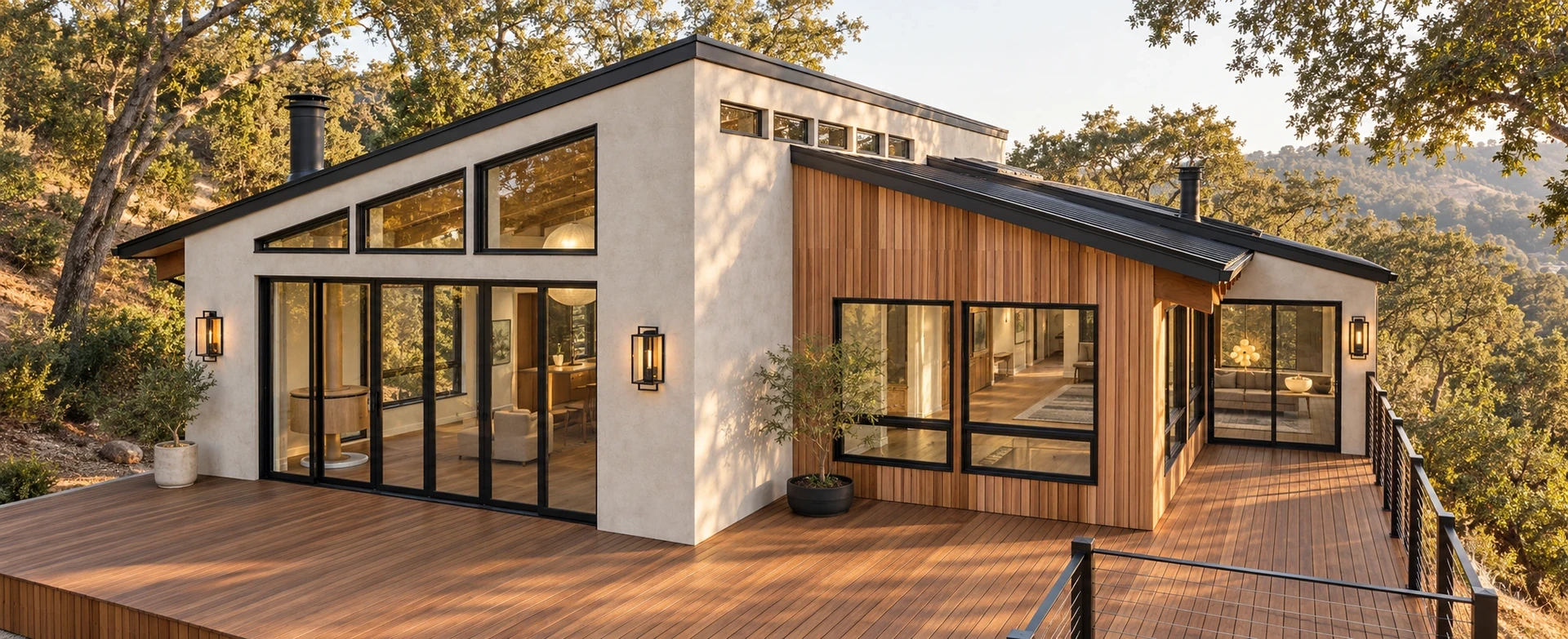 Wide timber deck outside tall black-framed glass doors under a sloped roof