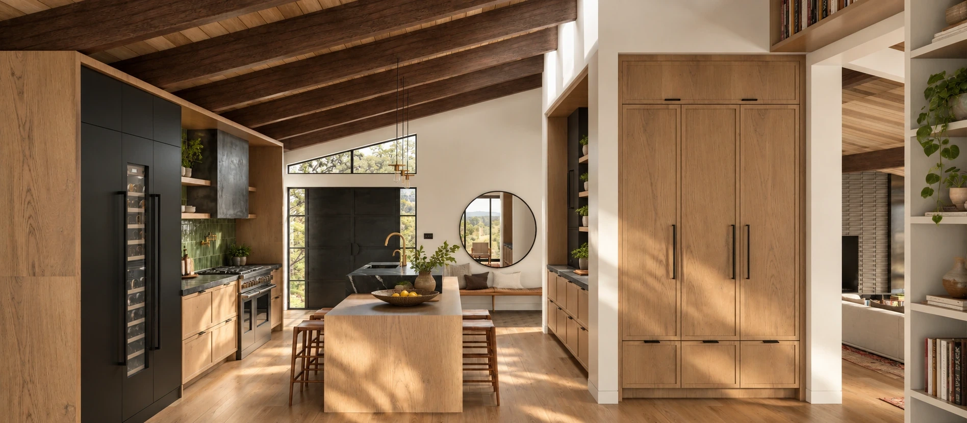 Kitchen wide view with warm wood cabinetry, tall pantry doors and exposed beams