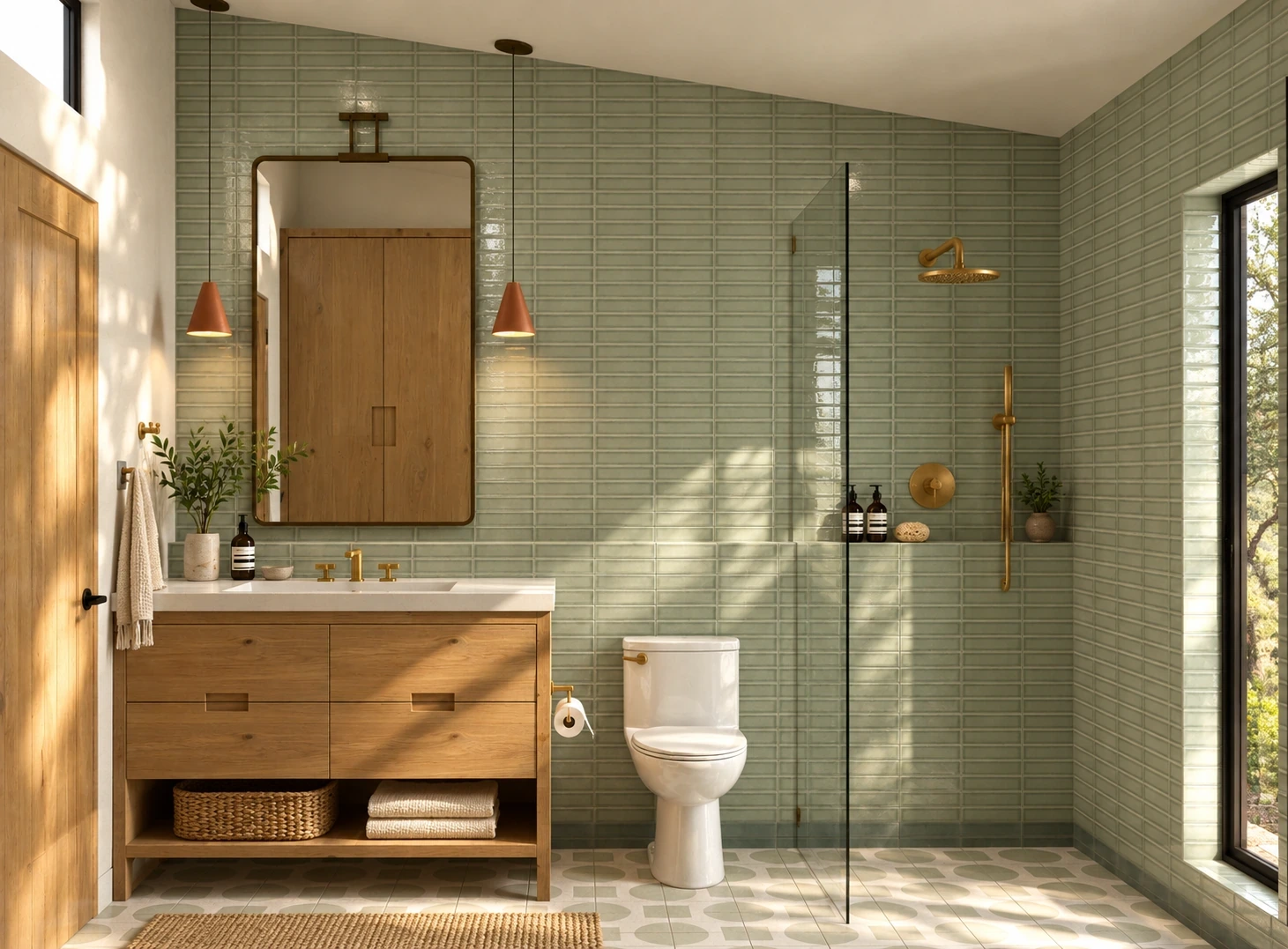 Hall bath with sage green tile walls, wood vanity, brass fixtures and copper pendants