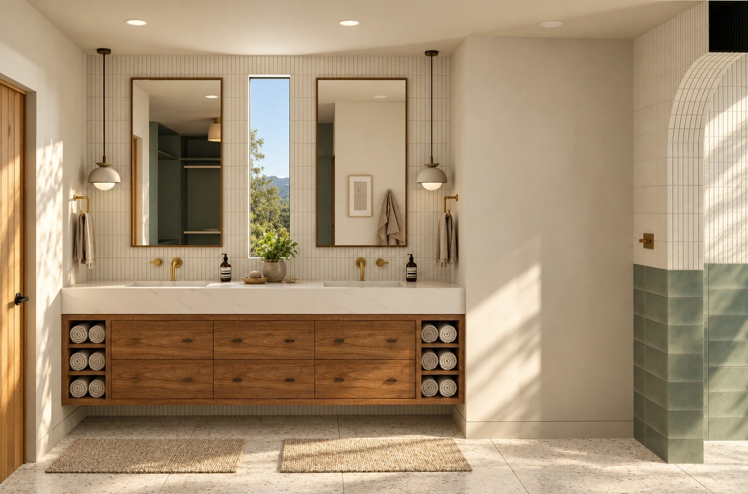 Primary bath double vanity with wood drawers, two mirrors, a narrow window and brass fixtures