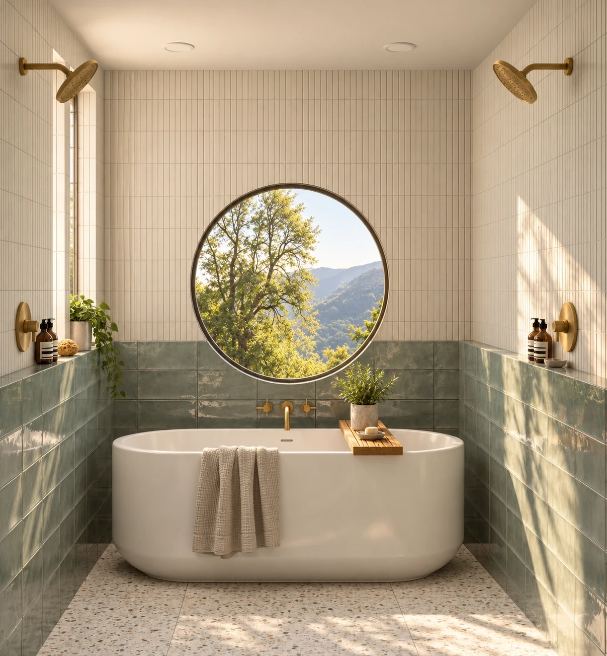Primary bath with a freestanding tub beneath a large round window, green tile and brass fixtures