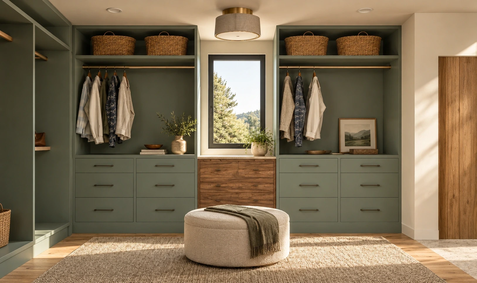 Primary closet with sage green built-in cabinetry, a window and an upholstered ottoman