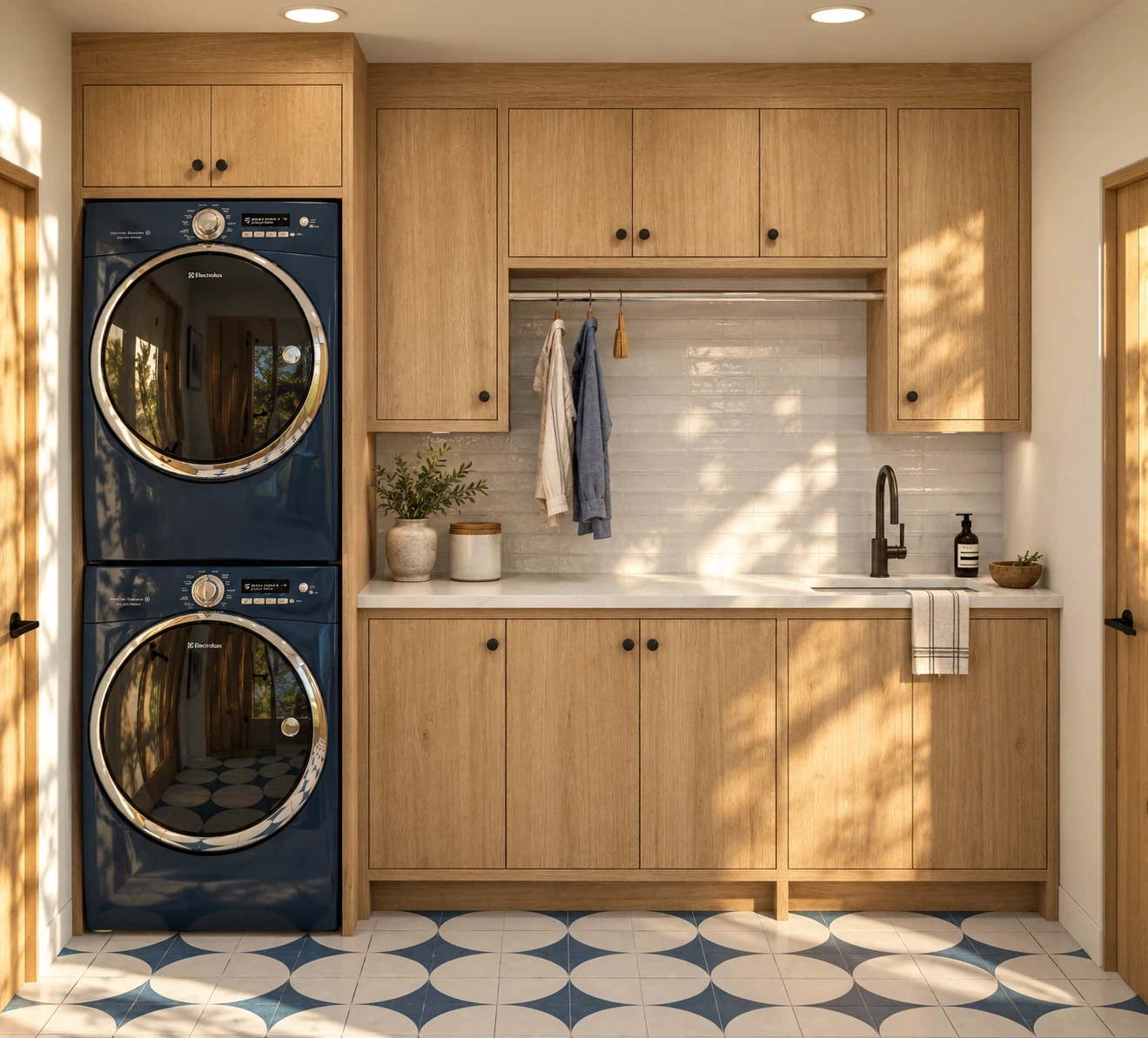 Laundry room with wood cabinetry, stacked navy washer and dryer, and blue and white patterned floor tile